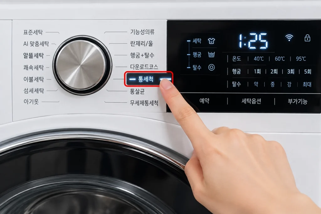 세탁기 통세척 코스를 선택하는 모습